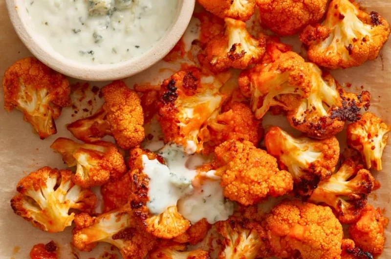 Crispy Air Fryer Buffalo Cauliflower served with dipping sauce