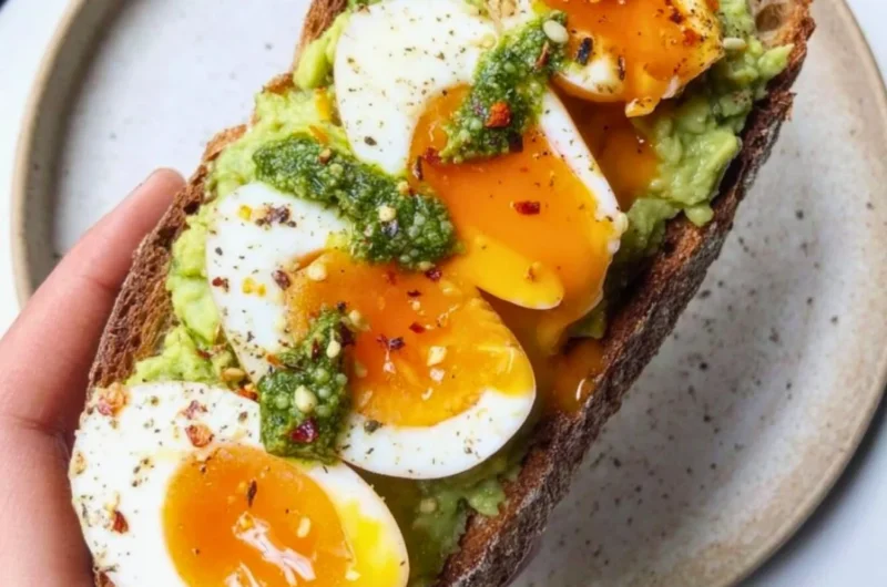 Avocado Pesto Toast topped with eggs, fresh herbs, and spices.