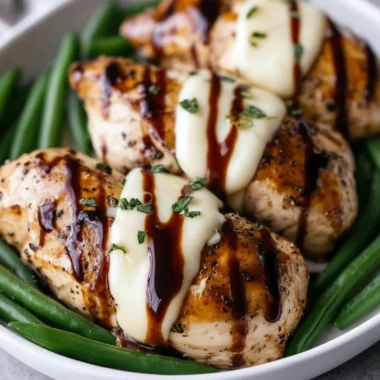 Balsamic baked chicken breast topped with mozzarella cheese, served on a plate