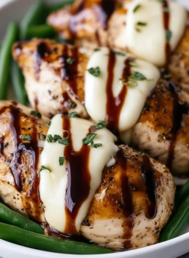 Balsamic baked chicken breast topped with mozzarella cheese, served on a plate