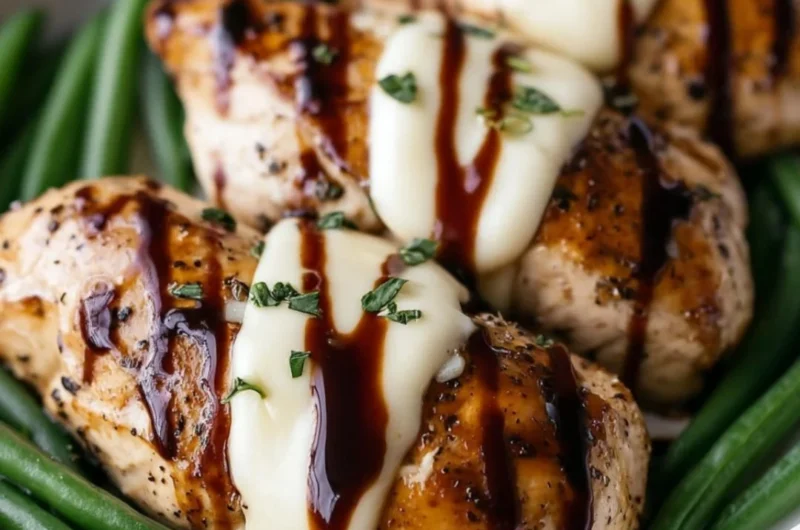 Balsamic baked chicken breast topped with mozzarella cheese, served on a plate