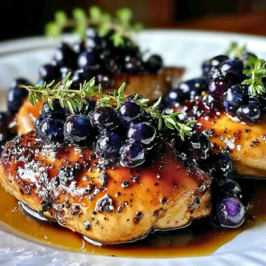 Delicious blueberry thyme chicken served on a plate with herbs