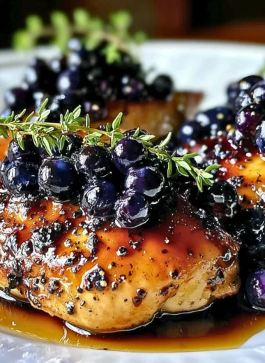 Delicious blueberry thyme chicken served on a plate with herbs