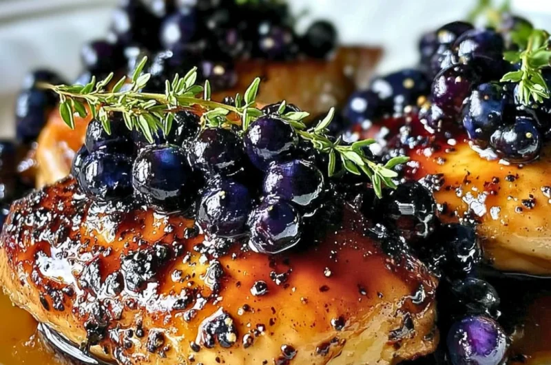 Delicious blueberry thyme chicken served on a plate with herbs