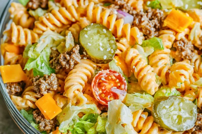 Big Mac Pasta Salad featuring ground beef, lettuce, and cheese in a pasta dish