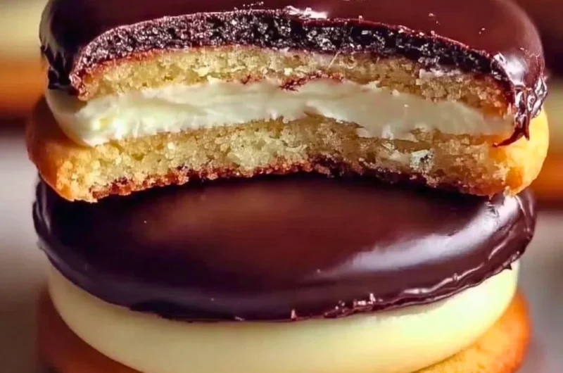Boston Cream Pie Cookies topped with chocolate glaze and creamy filling
