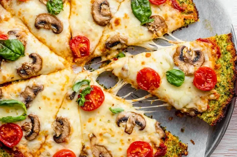 Broccoli pizza crust topped with fresh vegetables and cheese