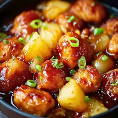 Delicious Brown Sugar Pineapple Chicken served on a plate with garnishments.