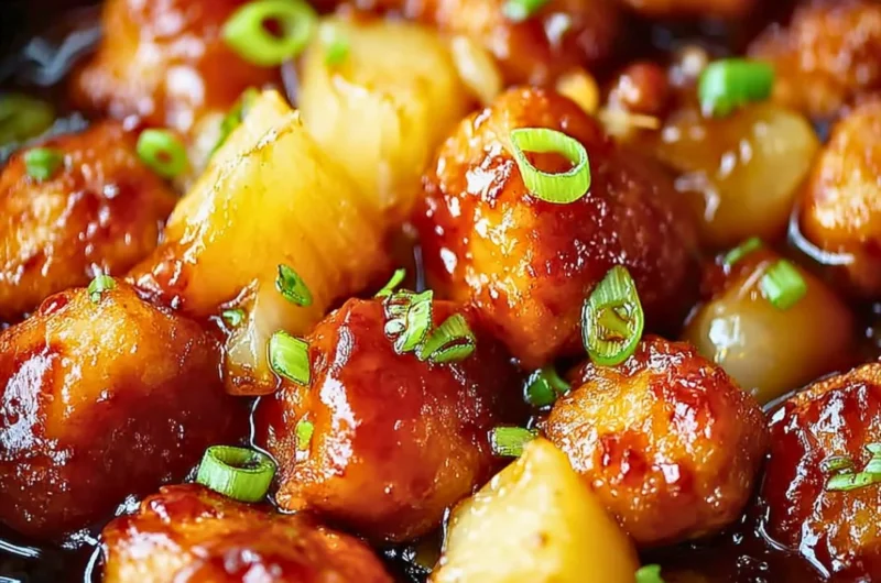 Delicious Brown Sugar Pineapple Chicken served on a plate with garnishments.