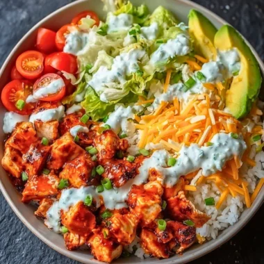 Delicious Buffalo Chicken Bowl topped with fresh ingredients and tangy sauce