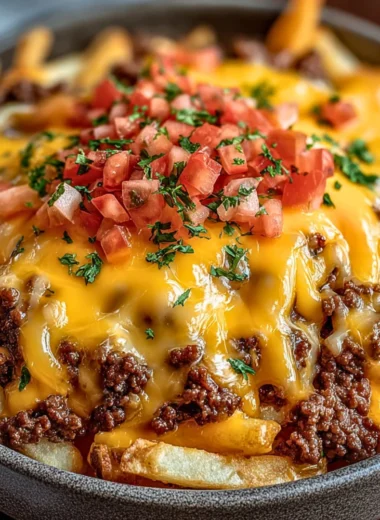 Delicious Cheeseburger Casserole topped with crispy French fries
