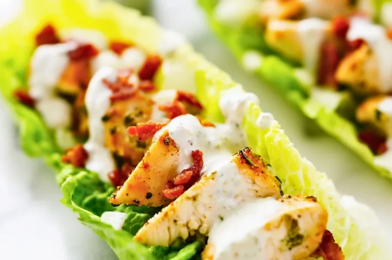 Chicken Bacon Ranch Lettuce Wraps on a plate with fresh ingredients