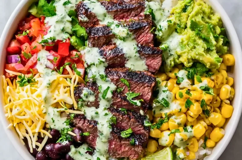 Cilantro lime steak bowl with fresh vegetables and steak slices