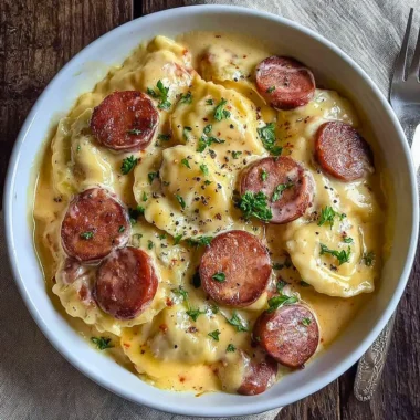 Delicious Crockpot Pierogi Casserole with Kielbasa ready to serve