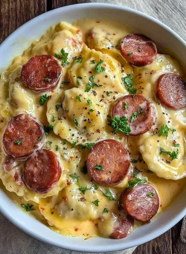 Delicious Crockpot Pierogi Casserole with Kielbasa ready to serve