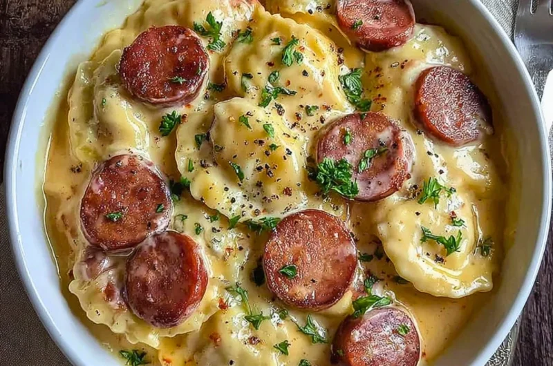 Delicious Crockpot Pierogi Casserole with Kielbasa ready to serve