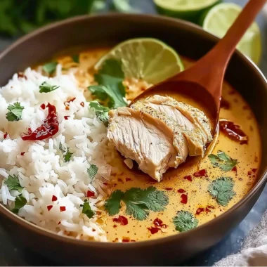 Coconut Chicken Brothy Rice in a bowl topped with fresh herbs