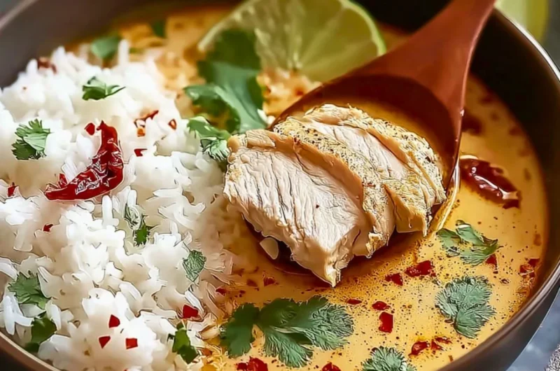 Coconut Chicken Brothy Rice in a bowl topped with fresh herbs