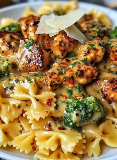 Cowboy Butter Lemon Bowtie Chicken with Broccoli on a plate.