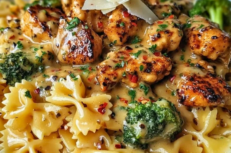 Cowboy Butter Lemon Bowtie Chicken with Broccoli on a plate.