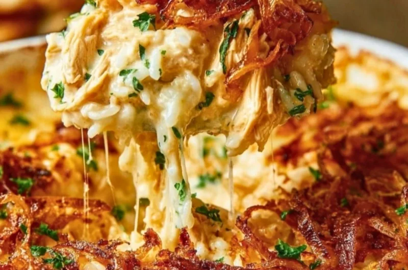 Creamy French onion chicken served over a bed of rice, garnished with herbs.