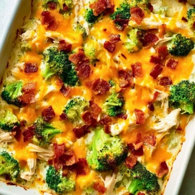 Creamy low carb chicken casserole topped with cheese and herbs in a baking dish.