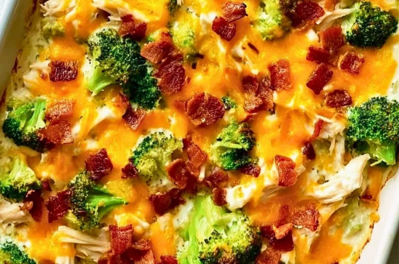 Creamy low carb chicken casserole topped with cheese and herbs in a baking dish.