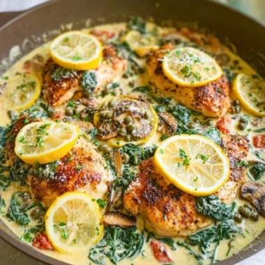 Creamy Mediterranean chicken skillet with fresh vegetables and herbs