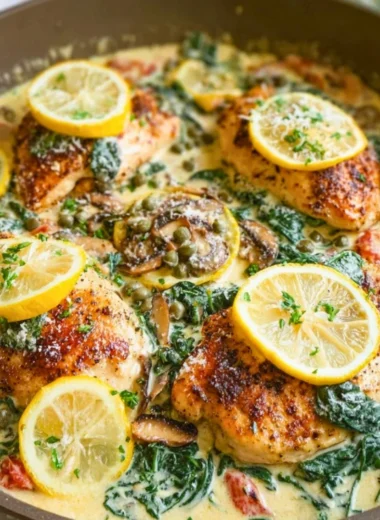 Creamy Mediterranean chicken skillet with fresh vegetables and herbs