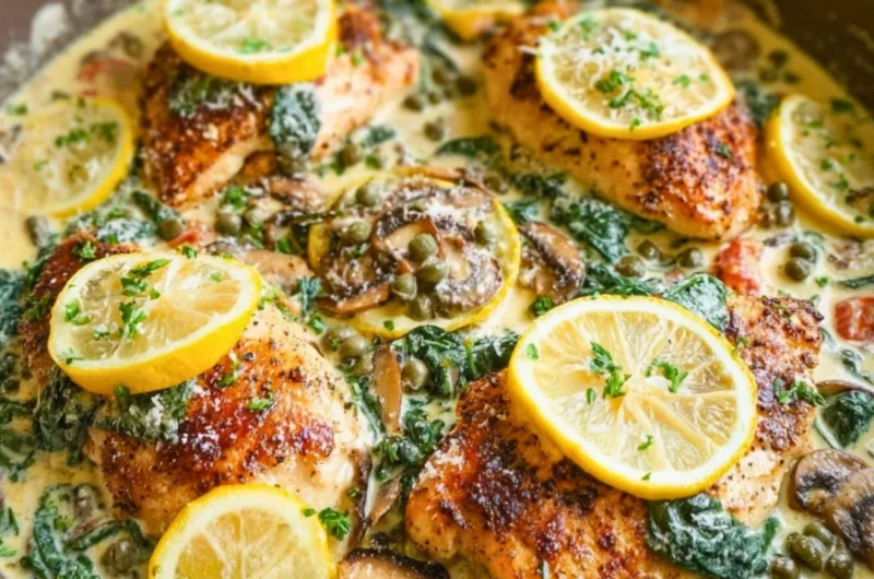 Creamy Mediterranean chicken skillet with fresh vegetables and herbs