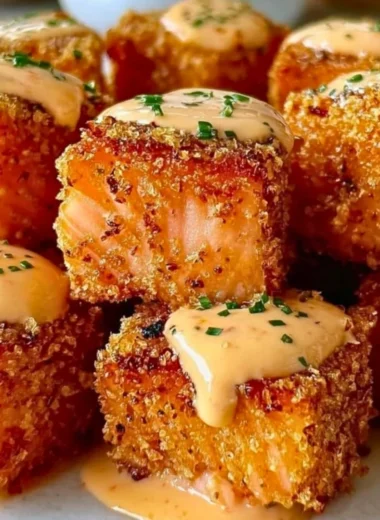 Crispy Bang Bang Salmon Bites garnished with sauce and herbs
