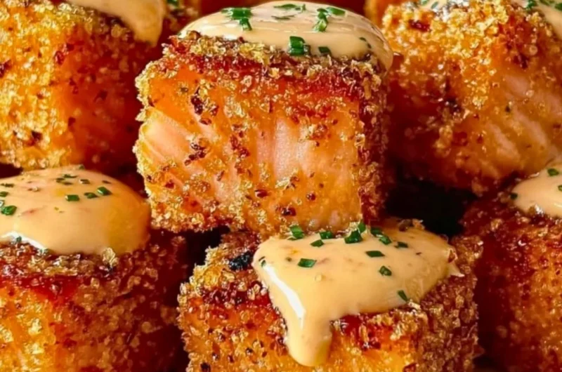 Crispy Bang Bang Salmon Bites garnished with sauce and herbs