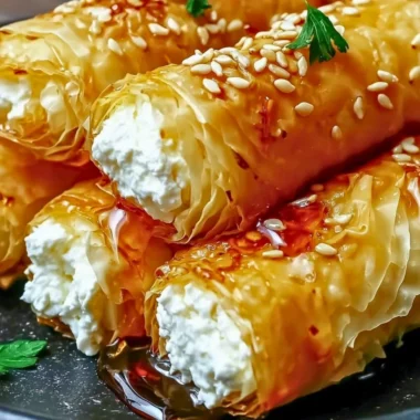 Golden crispy feta rolls served on a plate with dipping sauce