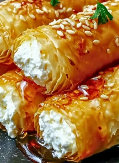 Golden crispy feta rolls served on a plate with dipping sauce