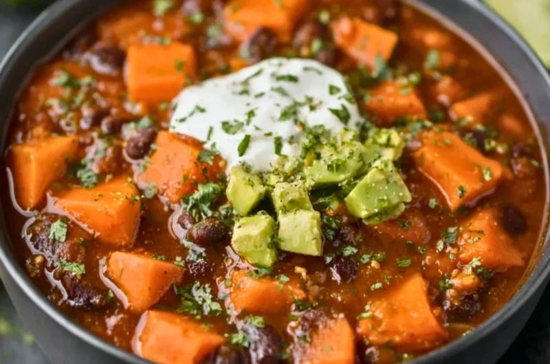 A bowl of delicious Crock Pot sweet potato black bean chili garnished with cilantro.