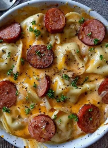 Delicious Crockpot Pierogi Casserole with Kielbasa served in a bowl