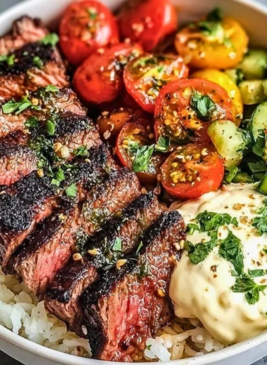 Delicious Mediterranean steak bowl topped with fresh veggies and herbs