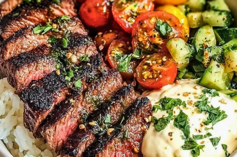 Delicious Mediterranean steak bowl topped with fresh veggies and herbs