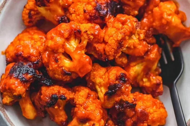Bowl of Easy Buffalo Cauliflower with spicy sauce and garnishes