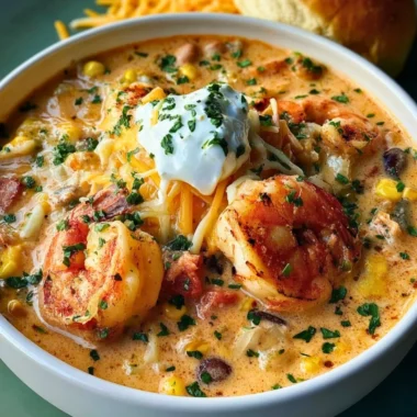 Bowl of creamy seafood and shrimp chili garnished with herbs and served with bread.