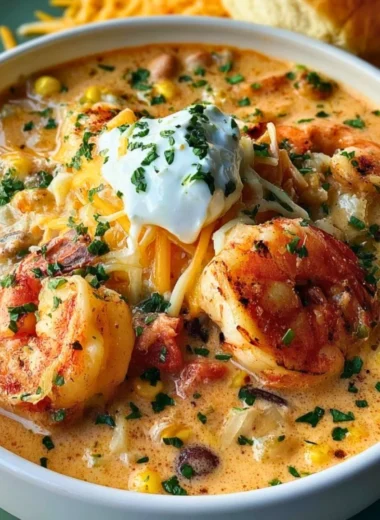 Bowl of creamy seafood and shrimp chili garnished with herbs and served with bread.