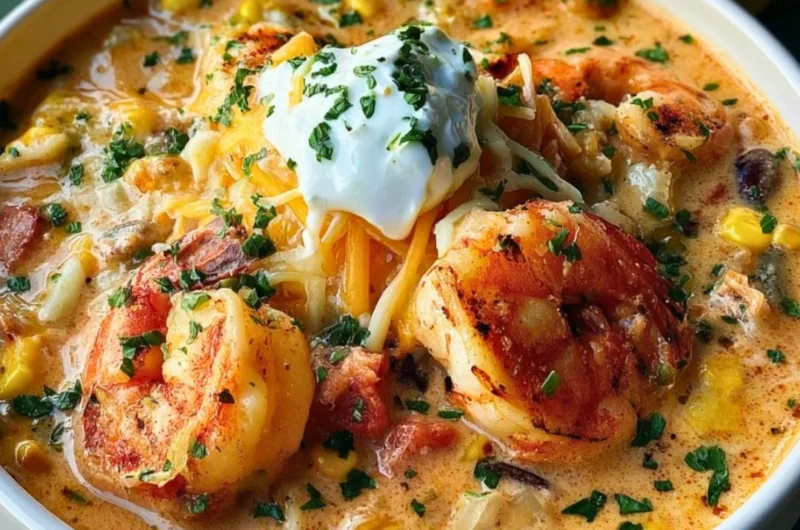 Bowl of creamy seafood and shrimp chili garnished with herbs and served with bread.