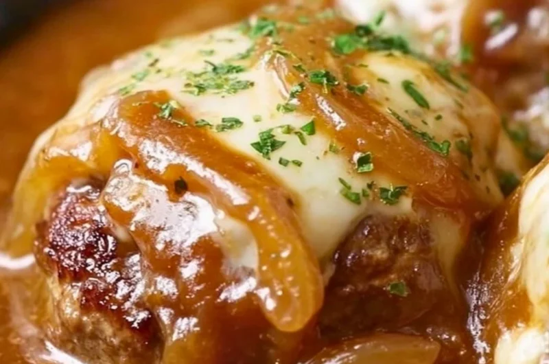 Delicious French Onion Salisbury Steak served with savory sauce and onions
