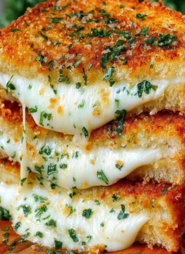 Delicious garlic bread grilled cheese sandwich with gooey cheese and crispy edges.