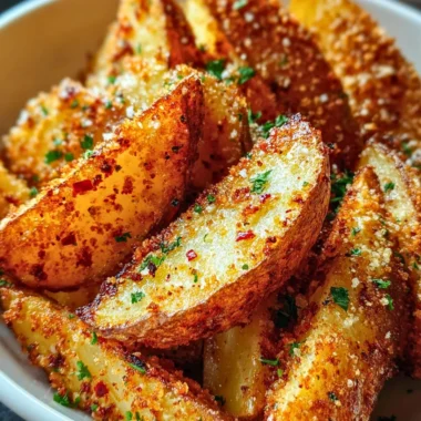 Crispy garlic parmesan potato wedges served in a bowl