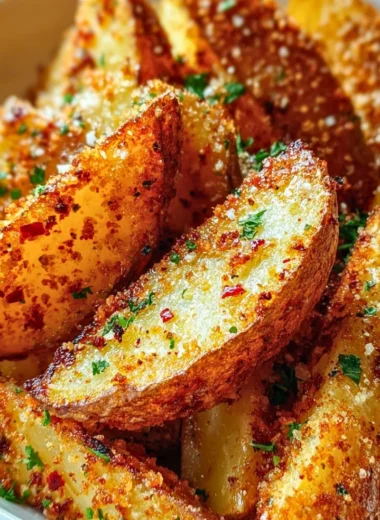 Crispy garlic parmesan potato wedges served in a bowl