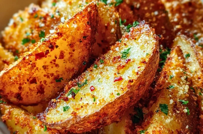 Crispy garlic parmesan potato wedges served in a bowl