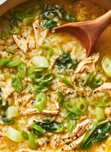 Ginger chicken and rice soup with bok choy in a bowl