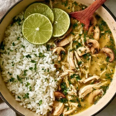 Ginger lime chicken soup with mushrooms and cilantro rice garnish