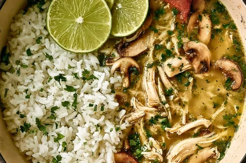 Ginger lime chicken soup with mushrooms and cilantro rice garnish